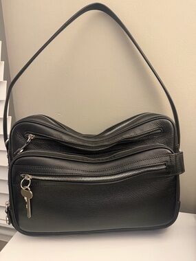 Bogdana Black Leather Shoulder Bag with Multiple Zip Compartments